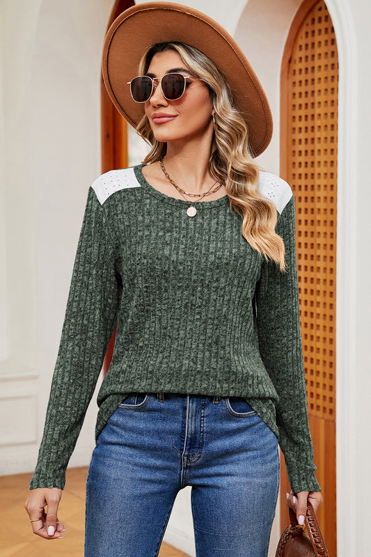 Eyelet Ribbed Round Neck Long Sleeve T-Shirt - Flyclothing LLC