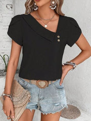 Decorative Button Asymmetrical Neck Blouse - Trendsi