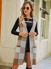 Plaid Lapel Collar Sleeveless Cardigan - Flyclothing LLC