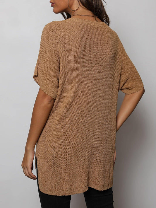 V-Neck Slit High-Low Knit Top - Flyclothing LLC