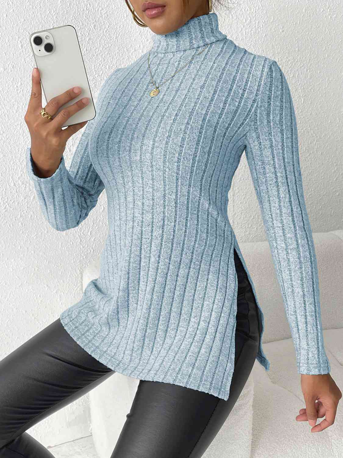 Ribbed Turtleneck Long Sleeve Slit T-Shirt - Flyclothing LLC