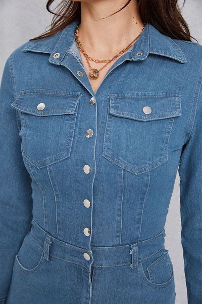 Snap Down Denim Jumpsuit with Pockets - Flyclothing LLC