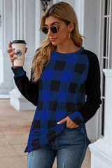 Plaid Round Neck Long Sleeve T-Shirt - Flyclothing LLC