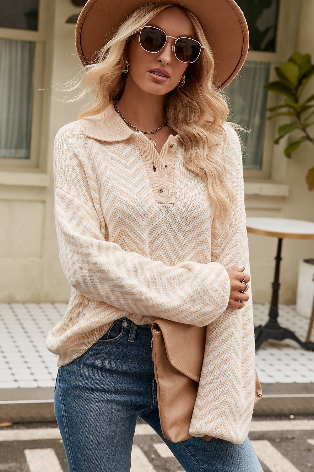 Striped Collared Neck Buttoned Pullover Sweater - Sand / S