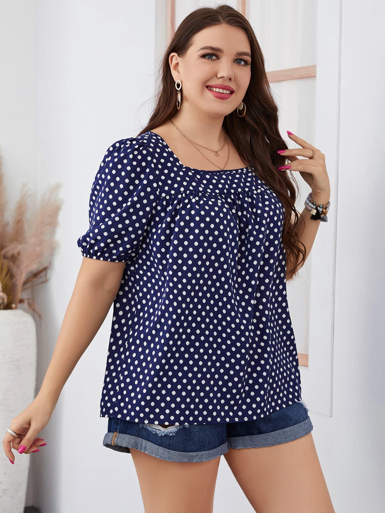 Plus Size Polka Dot Square Neck Blouse - Flyclothing LLC