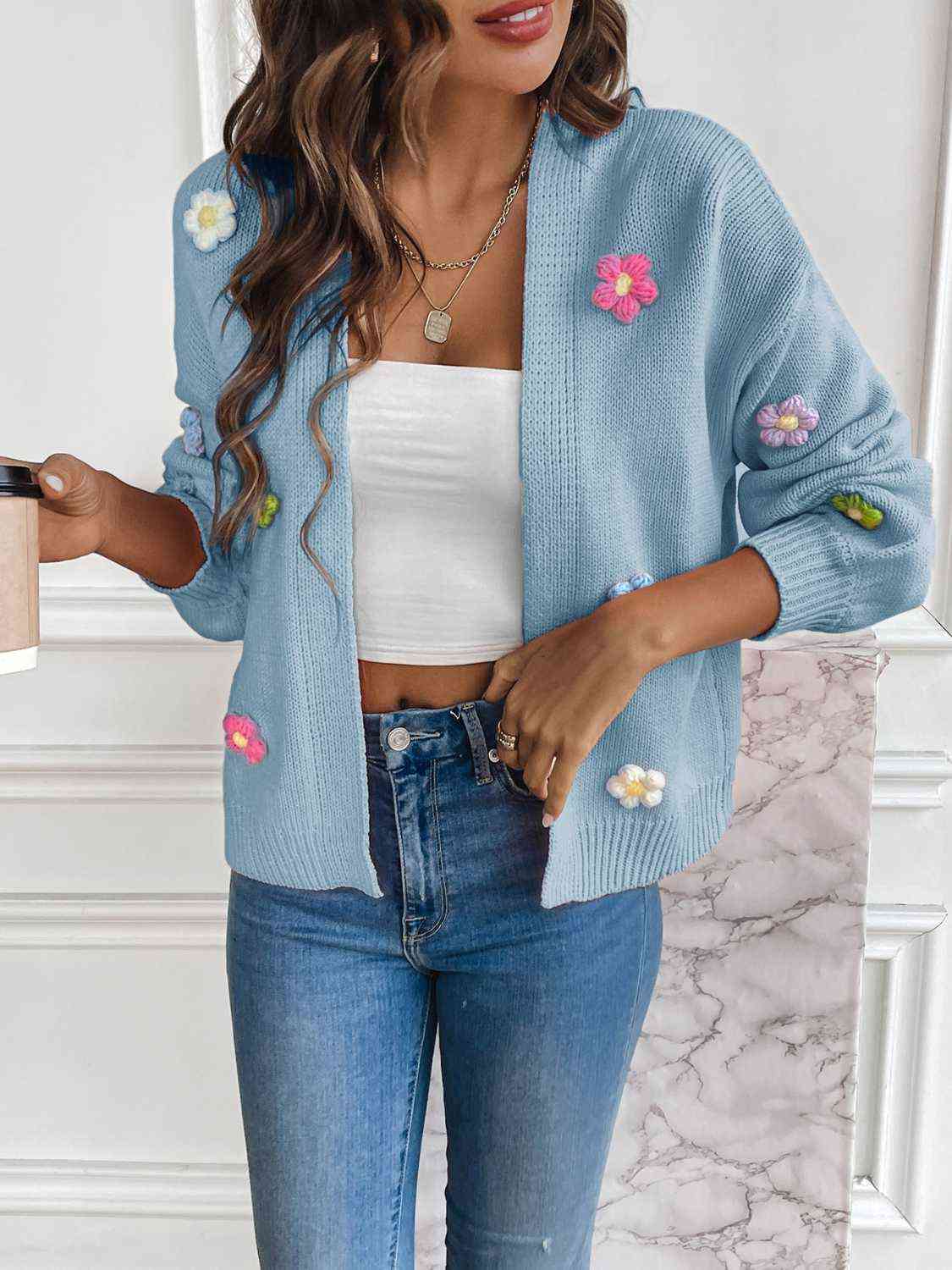 Floral Long Sleeve Open Front Cardigan - Flyclothing LLC