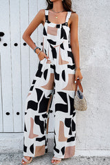 Printed Wide Strap Jumpsuit with Pockets - Flyclothing LLC