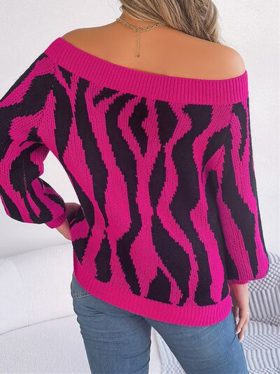 Off-Shoulder Animal Print Long Sleeve Sweater - Flyclothing LLC