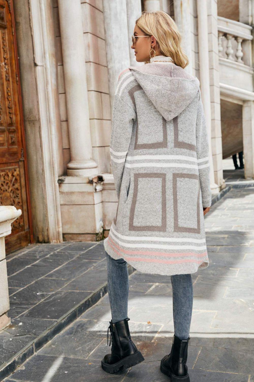 Printed Open Front Hooded Longline Cardigan Beige S