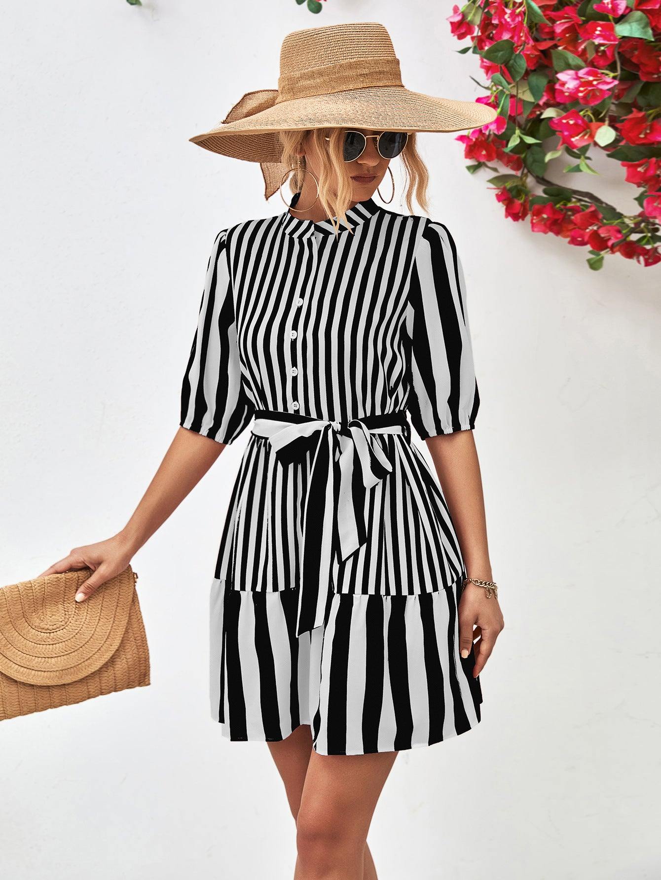 Striped Half Sleeve Tie Waist Mini Dress - Flyclothing LLC