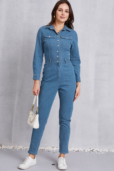 Snap Down Denim Jumpsuit with Pockets - Flyclothing LLC