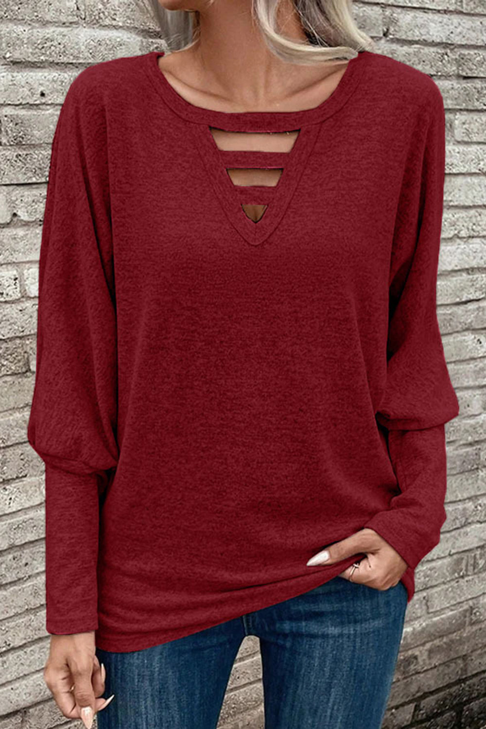 Cutout Round Neck Long Sleeve T-Shirt - Flyclothing LLC