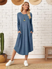 Pocketed Round Neck Long Sleeve Tee Dress - Trendsi