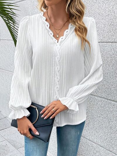 V-Neck Lace Detail Flounce Sleeve Blouse - Flyclothing LLC