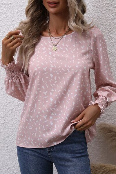 Printed Round Neck Lantern Sleeve Blouse - Flyclothing LLC