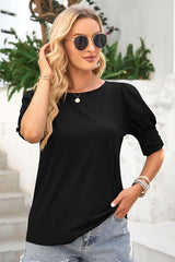 Round Neck Lantern Sleeve Blouse - Flyclothing LLC