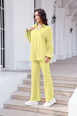 Drawstring Flounce Sleeve Shirt and Pants Set - Flyclothing LLC