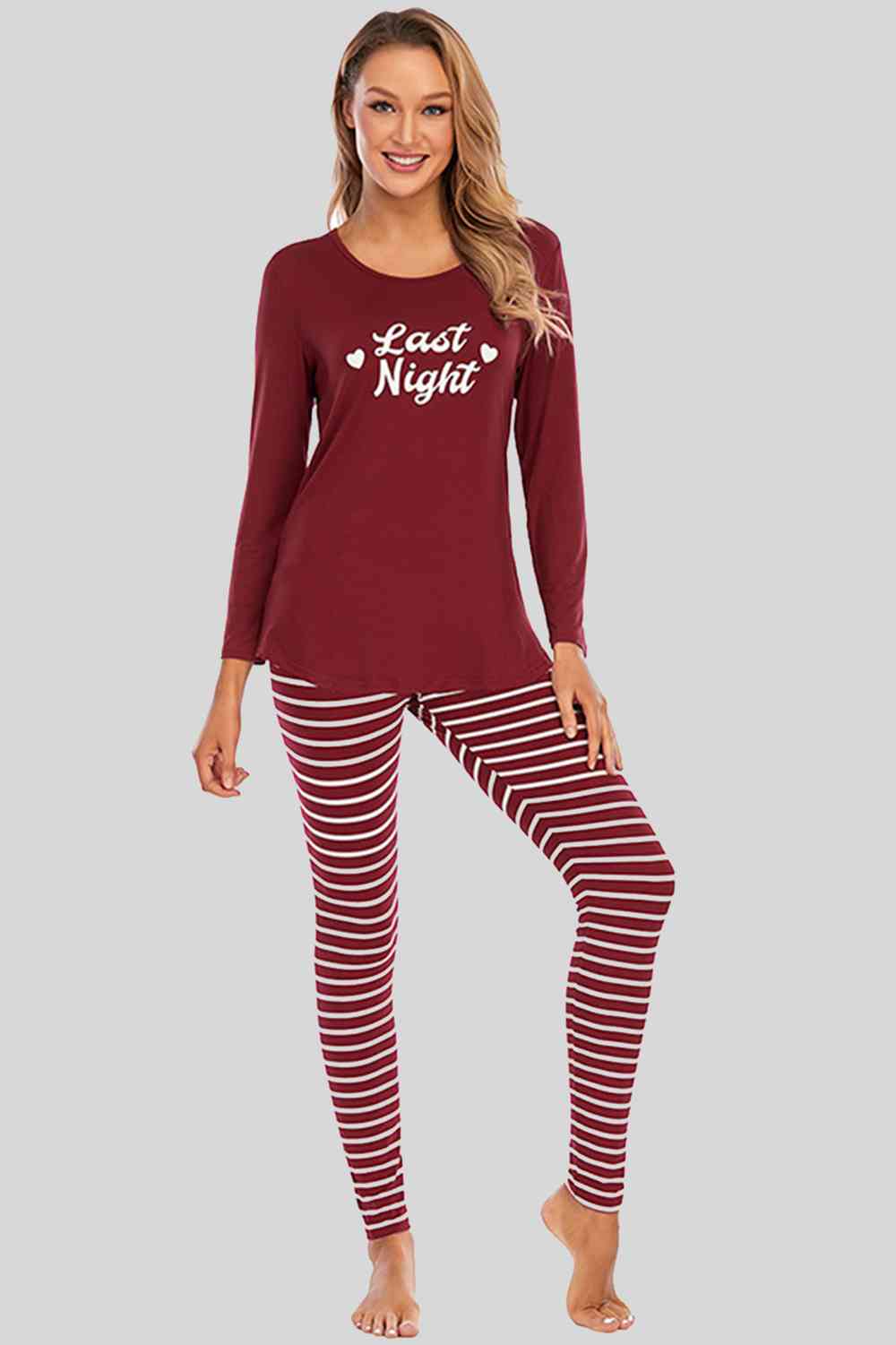 Graphic Round Neck Top and Striped Pants Set - Flyclothing LLC