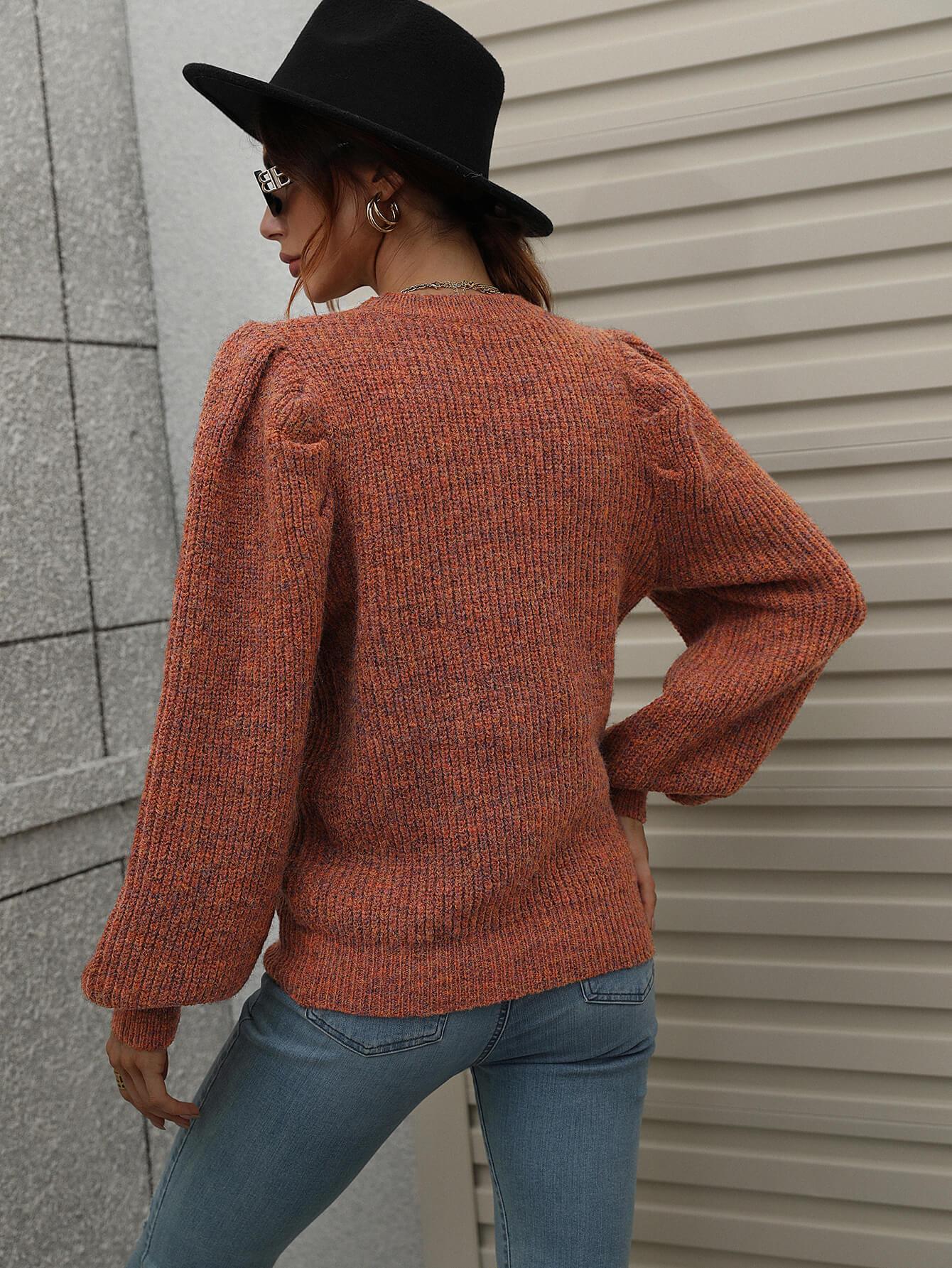 Heathered Long Lantern Sleeve Rib-Knit Sweater - Trendsi