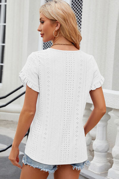 Eyelet Round Neck Petal Sleeve T-Shirt - Flyclothing LLC