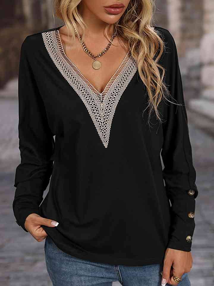 Contrast V-Neck Long Sleeve Top - Flyclothing LLC