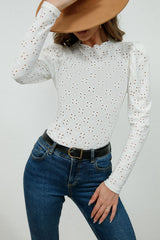 Round Neck Eyelet Long Sleeve Blouse - Flyclothing LLC