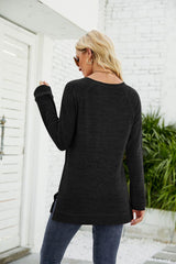 Heathered Slit Long Raglan Sleeve Top - Trendsi