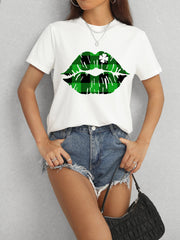 Plaid Lip Graphic Round Neck T-Shirt - Flyclothing LLC