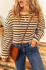 Striped Round Neck Long Sleeve Cropped Sweater - Flyclothing LLC