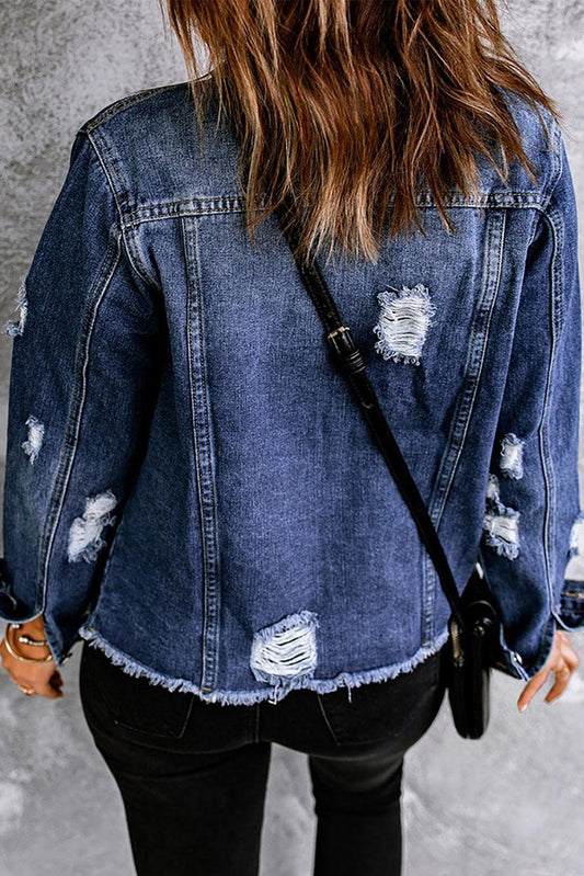 Mixed Print Distressed Button Front Denim Jacket - Flyclothing LLC