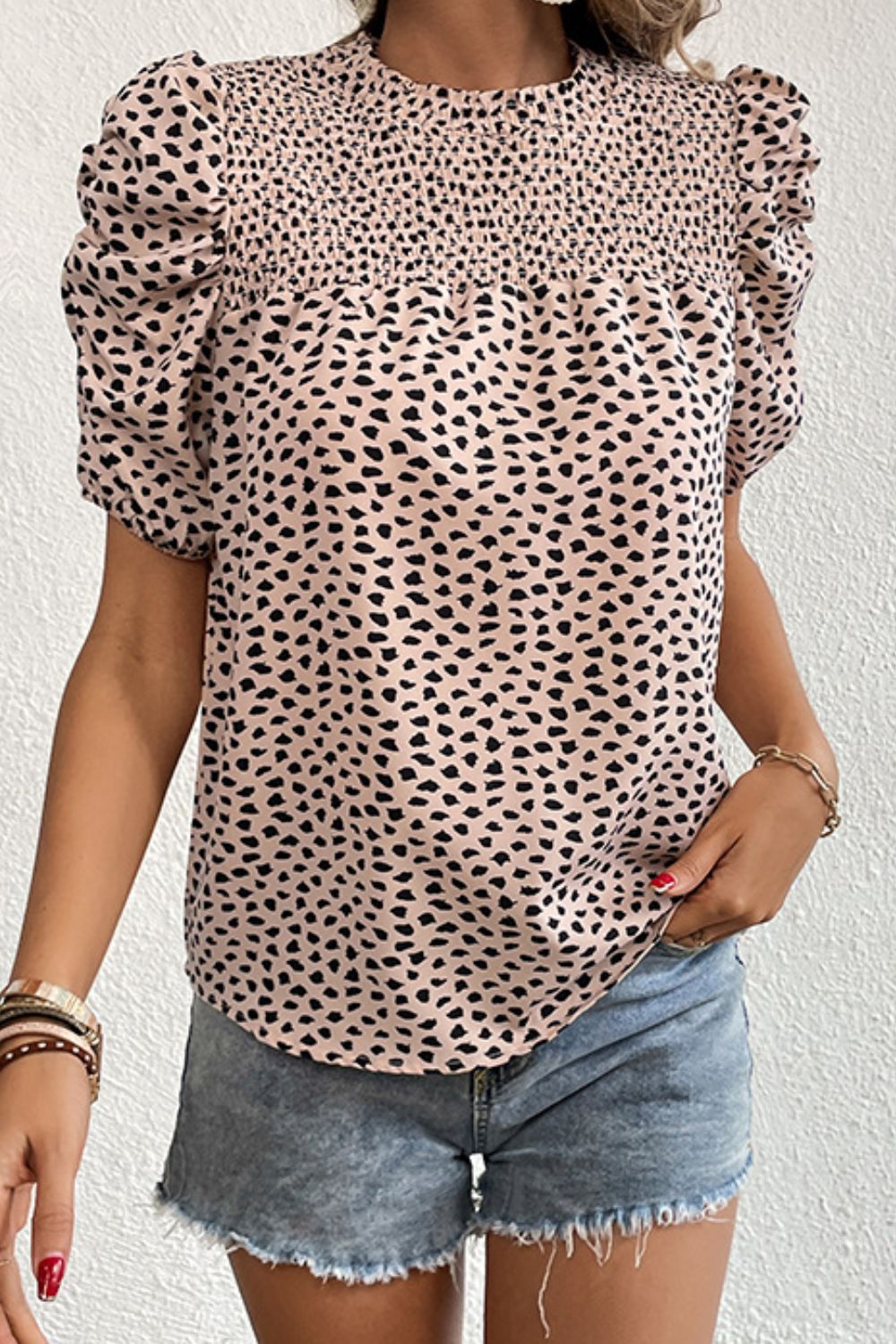 Printed Smocked Puff Sleeve Blouse - Flyclothing LLC