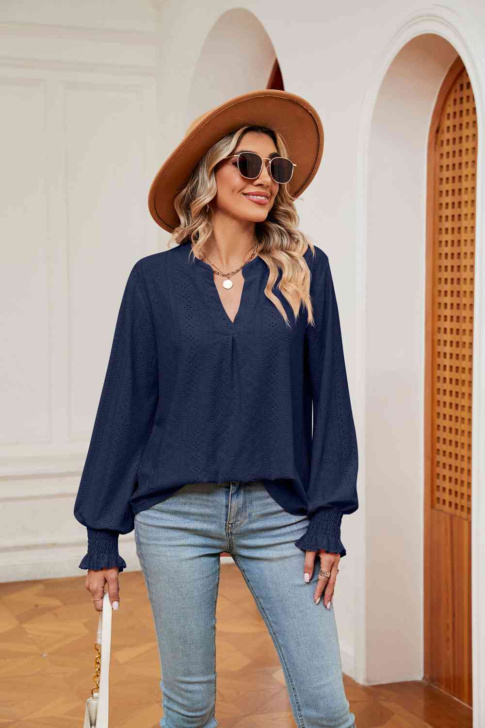 Notched Neck Flounce Sleeve Blouse - Flyclothing LLC