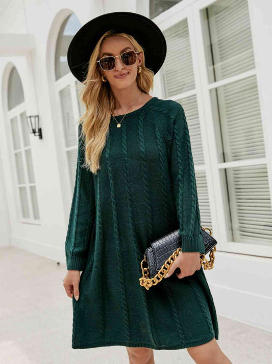 Cable-Knit Long Sleeve Sweater Dress - Flyclothing LLC