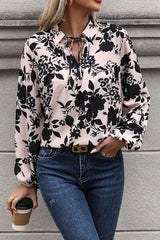 Printed Tie Neck Balloon Sleeve Blouse - Flyclothing LLC