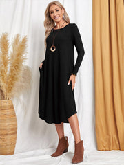 Pocketed Round Neck Long Sleeve Tee Dress - Flyclothing LLC