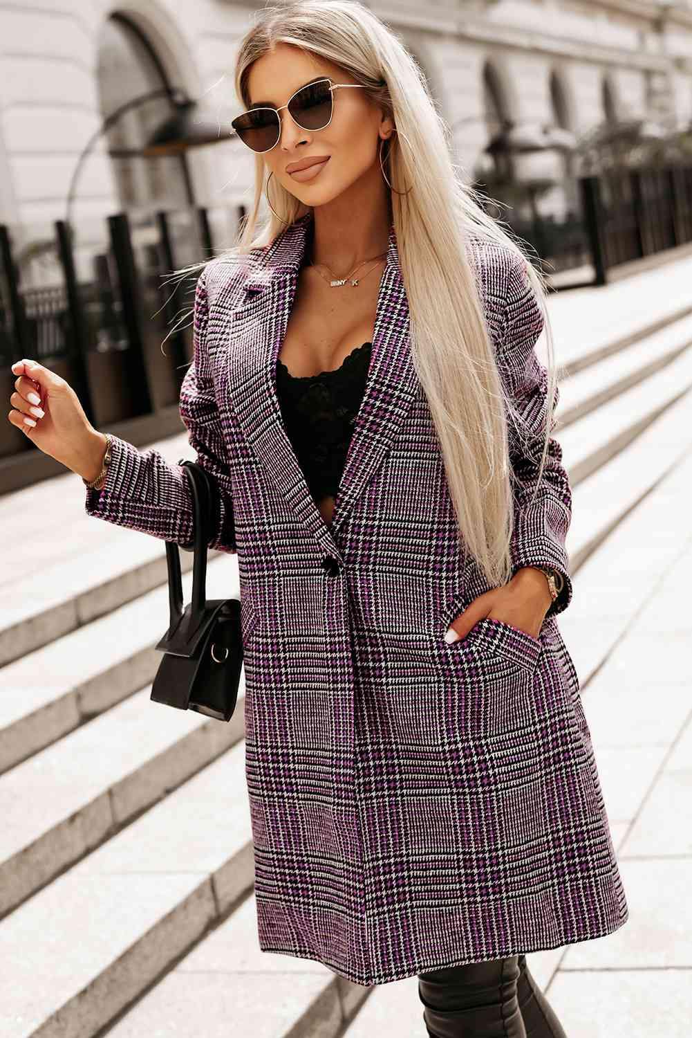 Plaid Lapel Collar Longline Blazer - Flyclothing LLC