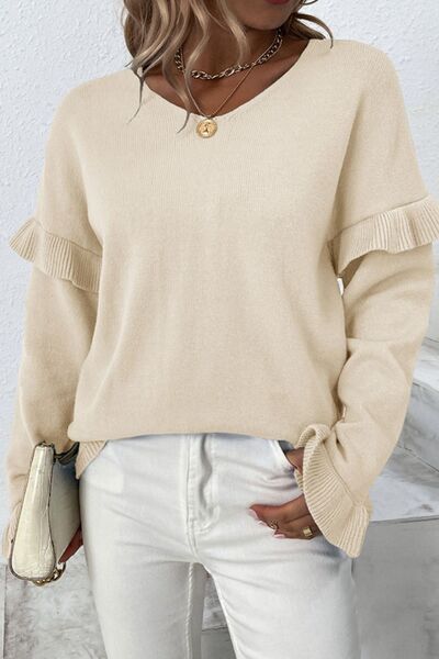 V-Neck Ruffle Trim Long Sleeve Sweater - Flyclothing LLC