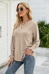 Heathered Flounce Sleeve Curved Hem Top - Trendsi