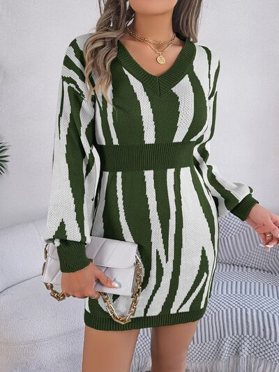 Animal Print V-Neck Long Sleeve Sweater Dress - Flyclothing LLC