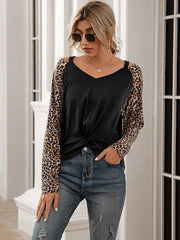 Leopard Twist Front Cold-Shoulder Tee - Trendsi