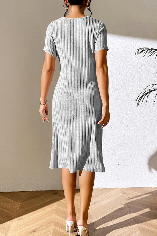 Ribbed Asymmetrical Neck Short Sleeve Dress - Flyclothing LLC