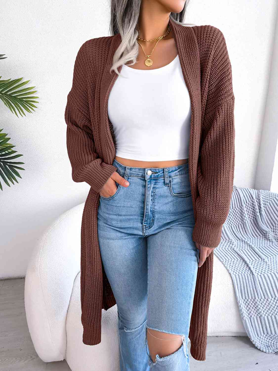 Open Front Dropped Shoulder Longline Cardigan - Flyclothing LLC