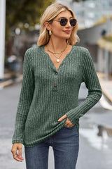 Ribbed Half Button Long Sleeve Knit Top - Trendsi