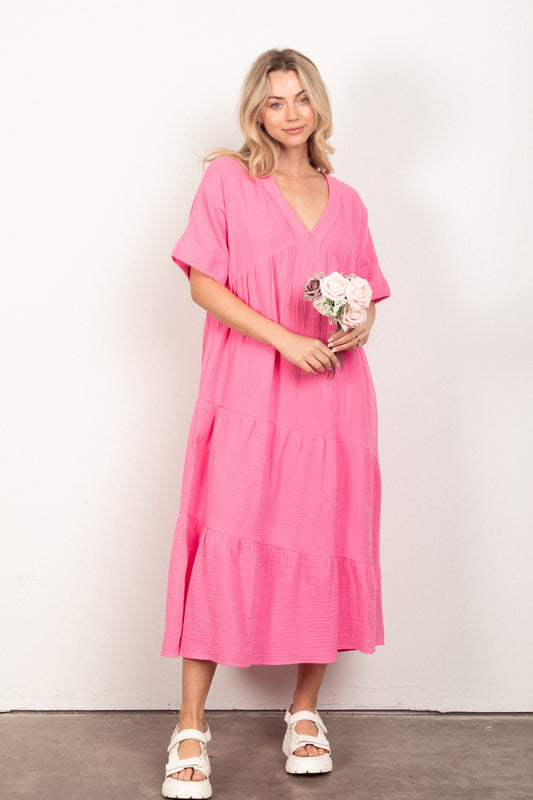 VERY J Soft Crinkle Gauze Short Sleeve Midi Dress - Flyclothing LLC