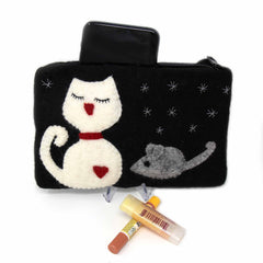 Hand Crafted Felt: White Cat Pouch - Flyclothing LLC