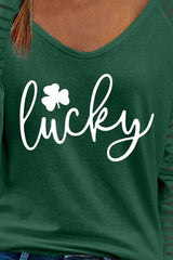 LUCKY V-Neck Raglan Sleeve Blouse - Trendsi