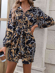 Tie Front Printed Collared Neck Shirt Dress - Flyclothing LLC