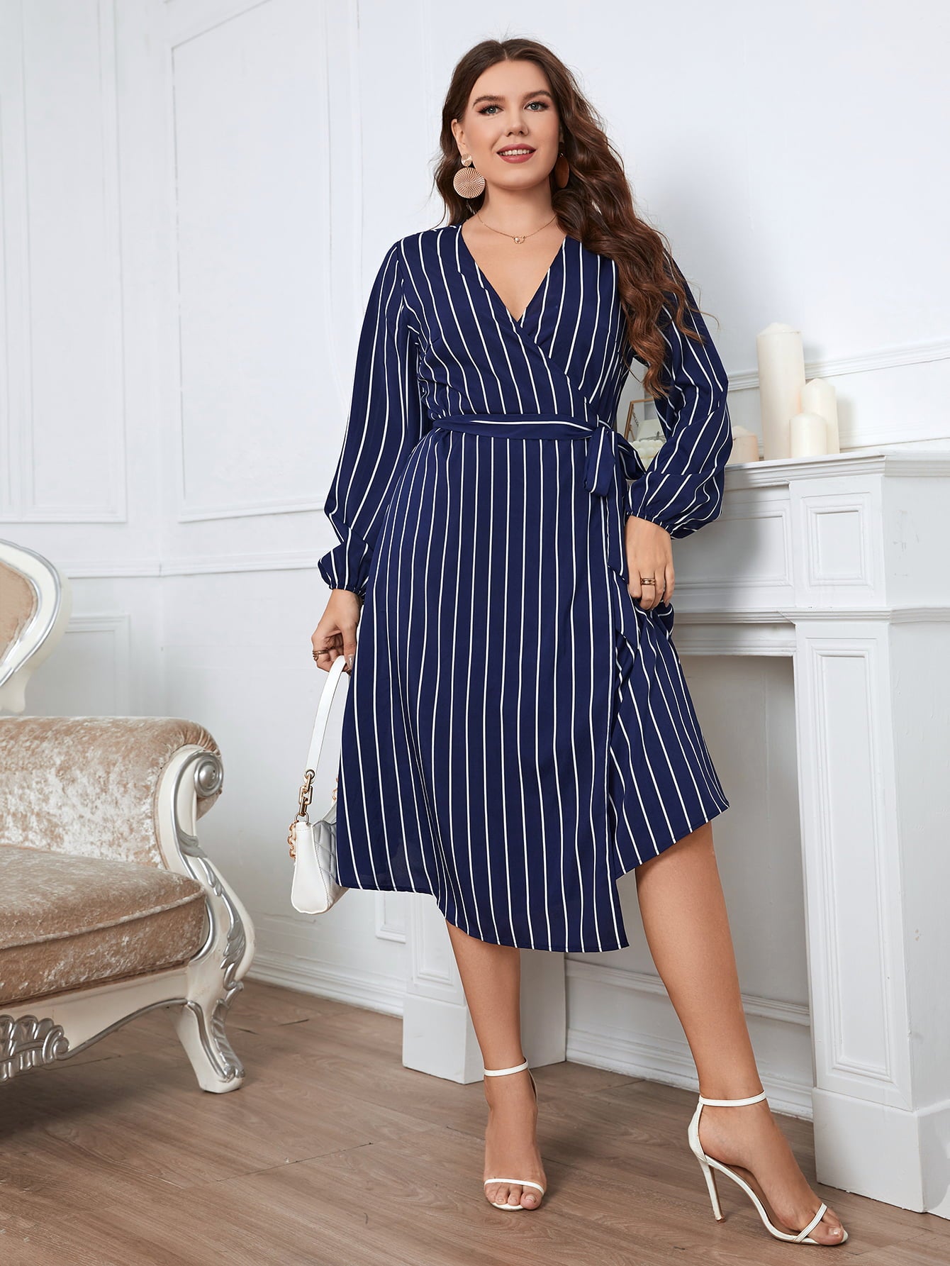 Plus Size Striped Surplice Neck Long Sleeve Dress - Flyclothing LLC