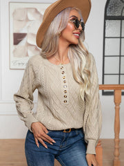 Cable-Knit Round Neck Buttoned Sweater - Flyclothing LLC