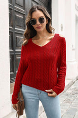 Cold Shoulder V-Neck Cable-Knit Pullover Sweater - Trendsi